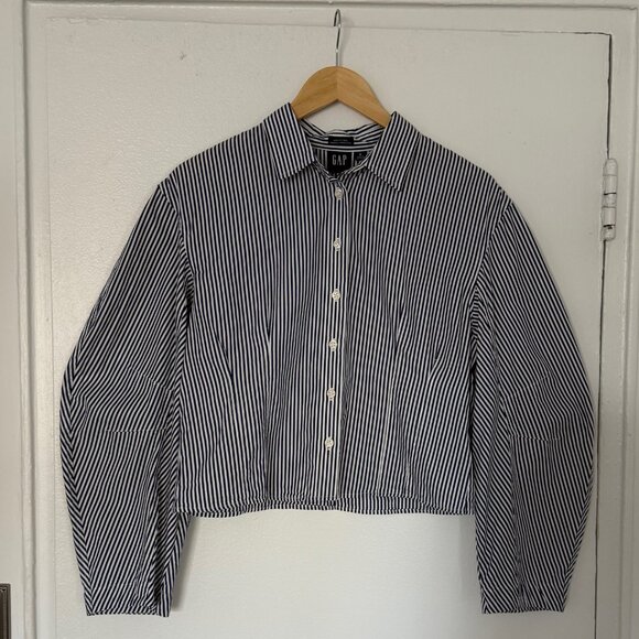 GAP ORGANIC COTTON BARREL SLEEVE CROPPED SHIRT IN BLUE /WHITE STRIPE SIZE SMALL - Picture 1 of 8